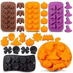 5Pcs Halloween Silicone Mold Bat Pumpkin Witch Hat Skeleton Candy Chocolate Mould Colorful Fondant Resin Baking Mold For DIY Craft Gummy Cookie Cake Cupcake Topper Decoration