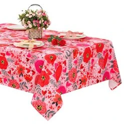 Valentines Day Tablecloth 57x84 Inches Romantic Red Heart Tablecloths Floral Pattern Table Cove Fabric Love Themed Parties Table Decoration