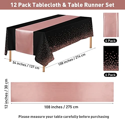 6 Pack Satin Sequin Table Runner, 6 Pack Tablecloth Set 12x108 Inch Smooth Table Runner 54x108 Inch Plastic Table Cover For Party Birthday Wedding Decor, Black And Rose Gold 4 6 Pack Satin Sequin Table Runner, 6 Pack Tablecloth Set 12x108 Inch Smooth Table Runner 54x108 Inch Plastic Table Cover For Party Birthday Wedding Decor, Black And Rose Gold - Image 2