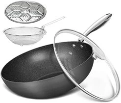 Hard Anodized Nonstick Wok With Lid, Cooking Wok Pan 12 Inch, Large Wok Pan With Flat Bottom, Induction Wok With Steamer Rack & Fry Basket, Woks And Stir Fry Pans - 5 Quart -Wilton Shop 51Kiihs55nL. AC