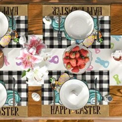 Buffalo Plaid Carrot Egg Truck Daisy Happy Easter Placemats Set Of 4, 12x18 Inch Seasonal Table Mats For Party Kitchen Dining Decoration