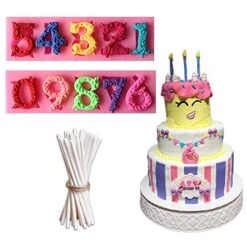 3D Number 0-9 Letter Silicone Molds With 20Pcs Lollipop Sticks, Sugarcraft Chocolate Candy Fondant Mold Candle Resin Cake Decoration Tools For Baby Shower, Birthday Party, Anniversary