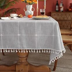 Waterproof Tablecloths For Rectangle Tables 55''x70'' Grey, Rustic Embroidery Plaid Table Cloth With Tassel, Winkle Free Oil Stain Resistant Table Cover For Kitchen Picnic 9 Waterproof Tablecloths For Rectangle Tables 55''x70'' Grey, Rustic Embroidery Plaid Table Cloth With Tassel, Winkle Free Oil Stain Resistant Table Cover For Kitchen Picnic -Wilton Shop 51LActMGEcL