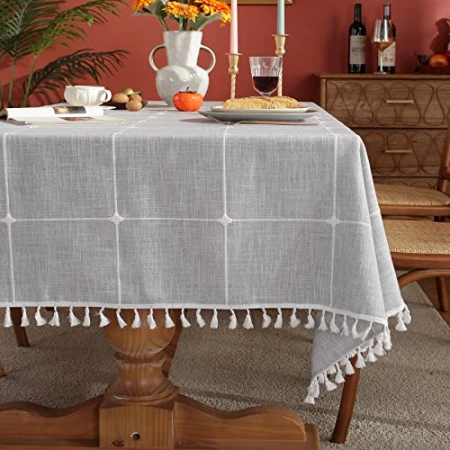 Waterproof Tablecloths For Rectangle Tables 55''x70'' Grey, Rustic Embroidery Plaid Table Cloth With Tassel, Winkle Free Oil Stain Resistant Table Cover For Kitchen Picnic 5 Waterproof Tablecloths For Rectangle Tables 55''x70'' Grey, Rustic Embroidery Plaid Table Cloth With Tassel, Winkle Free Oil Stain Resistant Table Cover For Kitchen Picnic - Image 3