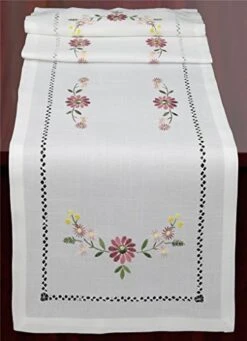 Hemstitch Embroidered Daisy Flower Table Runner 15x52 Dresser Scarf White Rectangular