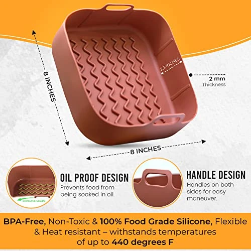 KIRANDAS Air Fryer Silicone Pots With Square Liner, Pan Holders, Heat Resistant Tipped Tongs, And Magnetic Cooking Cheat Sheets, For 3.6 To 6.8 Qt. Square Fryers, Non-Stick Food Safe Accessories 3 KIRANDAS Air Fryer Silicone Pots With Square Liner, Pan Holders, Heat Resistant Tipped Tongs, And Magnetic Cooking Cheat Sheets, For 3.6 To 6.8 Qt. Square Fryers, Non-Stick Food Safe Accessories