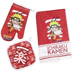 CultureFly Naruto Shippuden Anime Ichiraku Ramen 3 Piece Kitchen Set - Kitchen Towel, Oven Mitt, And Pot Holder