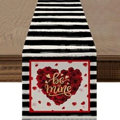 Valentines Day Table Runner, Watercolor Stripes Love Heart Table Runners For Valentines Day Decor, Holiday Wedding Kitchen Dining Table Runner For Party Home Decor (B 13x48‘’)