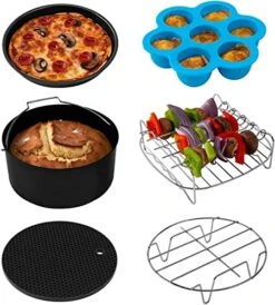 COSORI Air Fryer Accessories Set, Fit All Of Brands 5.5 L, Pack Of 6 Including Cake Pan/Pizza Pan/Metal Holder/Multi-Purpose Rack With Skewers/Silicone Mat/Egg Bites Mold With Lid