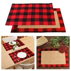 6pcs Christmas Buffalo Plaid Placemats, Waterproof Cotton & Burlap Red And Black Buffalo Check Placemats For Christmas Holiday Table Decorations