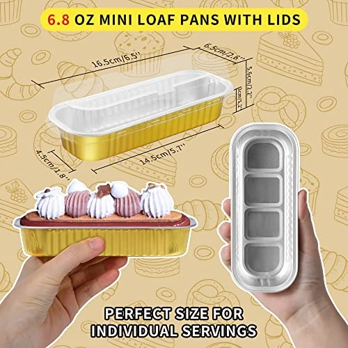 Disposable Mini Loaf Pans With Lids, 50pcs 6.8oz Aluminum Foil Narrow Cake Pans,Rectangle Cupcake Baking Cups Ramekins Tins Liners Containers Flans For Bread Muffin Brownie Cheesecake(Gold) 4 Disposable Mini Loaf Pans With Lids, 50pcs 6.8oz Aluminum Foil Narrow Cake Pans,Rectangle Cupcake Baking Cups Ramekins Tins Liners Containers Flans For Bread Muffin Brownie Cheesecake(Gold) - Image 2