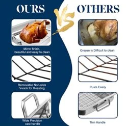 Jitsuryoku 8-Piece Stainless Steel Roasting Pan Set: 16"x13" Rectangular Turkey Roaster, Nonstick Rack, Meat Forks, Injector, Claws & Brush. Heavy Duty & Multi-Use, Dishwasher Safe -Wilton Shop 51NNENXvsXL