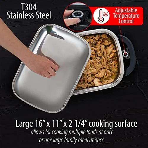 16-Inch Electric Skillet - Rectangular Stainless Steel Pan With Handles And Lid Cover 7 16-Inch Electric Skillet - Rectangular Stainless Steel Pan With Handles And Lid Cover - Image 5