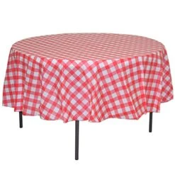 12 Pack Premium Round Plastic Checkered BBQ Tablecloth - Red & White Gingham Checkerboard Disposable Plastic Tablecloth 84 Inch. Round