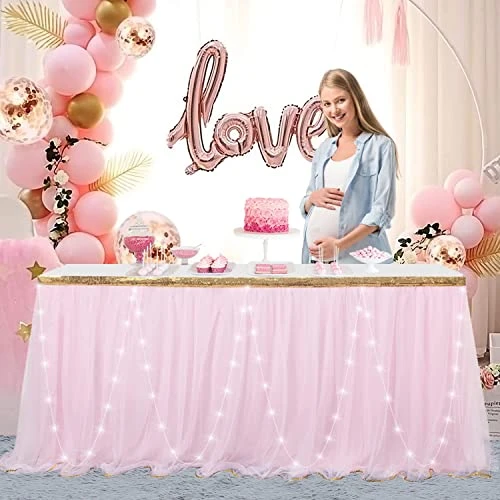 Pink Tutu Table Skirt LED Lights Tulle Table Skirt For Rectangle Tables Decoration Baby Shower Wedding Birthday Party 4ft 7 Pink Tutu Table Skirt LED Lights Tulle Table Skirt For Rectangle Tables Decoration Baby Shower Wedding Birthday Party 4ft - Image 5