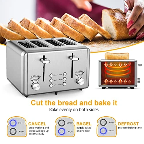HALL 4 Slice Toaster Stainless Steel,Toaster-6 Bread Shade Settings,Bagel/Defrost/Cancel Function With Dual Control Panels,Extra Wide Slots,Removable Crumb Tray,for Various Bread Types 1500W 5 HALL 4 Slice Toaster Stainless Steel,Toaster-6 Bread Shade Settings,Bagel/Defrost/Cancel Function With Dual Control Panels,Extra Wide Slots,Removable Crumb Tray,for Various Bread Types 1500W - Image 3