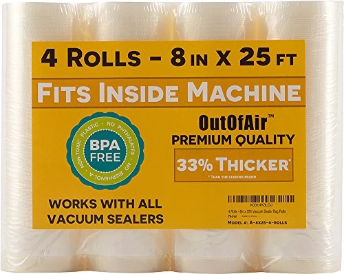 8" X 25' Rolls (Fits Inside Machine) - 4 Pack (100 Feet Total) OutOfAir Vacuum Sealer Rolls. Works With FoodSaver Vacuum Sealers. 33% Thicker, BPA Free, Sous Vide, Commercial Grade 3 8" X 25' Rolls (Fits Inside Machine) - 4 Pack (100 Feet Total) OutOfAir Vacuum Sealer Rolls. Works With FoodSaver Vacuum Sealers. 33% Thicker, BPA Free, Sous Vide, Commercial Grade