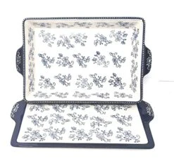 Baker 4 Qt 9"x13" Casserole Dish W/Lid-It (Tray) & Plastic Cover (Floral Lace Blue)