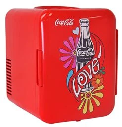 Coca Cola Love 1971 Series Portable 6 Can Thermoelectric Mini Fridge Cooler/Warmer, 4 L/4.2 Quarts Capacity, 12V DC/110V AC For Home, Dorm, Car, Bedroom Beverages, Snacks, Skincare, Cosmetics