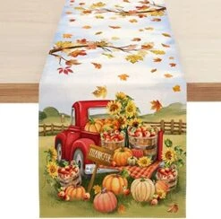 Fall Pumpkin Table Runner, Farm Apple Truck Autumn Thanksgiving Table Runners For Kitchen Dining Coffee Or Indoor And Outdoor Home Parties Decor 13 X 72 Inches SK087 -Wilton Shop 51PqHLApMWL. AC
