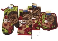 Wine Glass Bottle Barrel Kitchen Linen Set (Includes: One Oven Mitt, Two Towels, And Two Pot Holders)