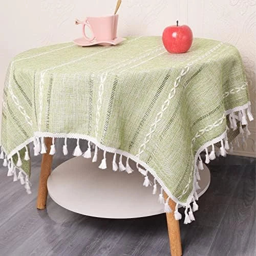 Solid Color Tassel Heavy Weight Cotton Linen Tablecloth For Rectangle Table (Square, 54 X 54 Inch, Gray) 9 Solid Color Tassel Heavy Weight Cotton Linen Tablecloth For Rectangle Table (Square, 54 X 54 Inch, Gray) - Image 7