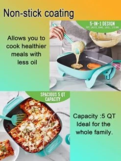 Electric Skillet Ceramic Nonstick 5QT - 12" Square With Glass Lid, Adjustable Temperature Control, Dishwasher Safe, Turquoise, Nozaya -Wilton Shop 51QsnuWvPSL