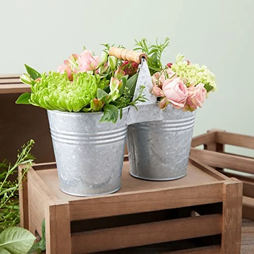 Small Metal Double Galvanized Bucket With Wooden Handle, Metal Double Pail For Wedding, Birthday, Office, Bathroom, Kitchen, And Farmhouse Home Decor (10 X 5 X 7.5 Inches) 4 Small Metal Double Galvanized Bucket With Wooden Handle, Metal Double Pail For Wedding, Birthday, Office, Bathroom, Kitchen, And Farmhouse Home Decor (10 X 5 X 7.5 Inches) - Image 2