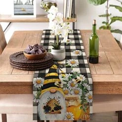 Spring Bee Gnome Table Runner, Honey Black White Buffalo Plaid Check Home Kitchen Dining Decor, Summer Seasonal Farmhouse Daisy Decorations Indoor Outdoor Anniversary Party Supply 13 X 72 Inch -Wilton Shop 51R0DamwsfL