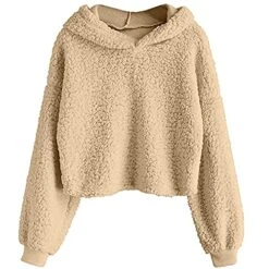 VODMXYGG Womens Winter Long Sleeve O-Neck Solid Color Polar Fleece Hooded Sweatshirt Pullover Casual Fashion Basic Tops