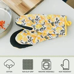 Heat Resistant Designer Kitchen Oven Mitts With Neoprene Non-Slip Grips And Hanging Loops | Set Of 2 100% Cotton Long Sleeve Kitchen Oven Mitts | 5.5" X 12" | Yellow Lemons -Wilton Shop 51RLMSWNwZL