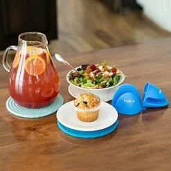 Lue Potholders Set Trivet Set - Blue Kitchen Accessories - 100% Cotton Hot Pads 7 Inches Diameter - Silicone Mitts For Hot Pots And Pans - Ideal For Cooking And Baking -Wilton Shop 51RZi9roZBL