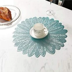 Round Placemats Set Of 4 Pressed Vinyl Metallic Blue Place Mats Wipe Clean For Dinner Table, Heat Resistand PVC Tablemats Home Decor Non Slip Place Mats 15 Inches (Sun Flower) -Wilton Shop 51RaKSm1exL