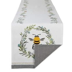 DII Bumblebee Checkered Kitchen Collection, Reversible Table Runner, 14x108, Bee Kind Gingham