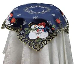 Holiday Christmas Tablecloth 33” Square Embroidered Snowman Snowflake Poinsettia Winter Table Topper Blue Gold