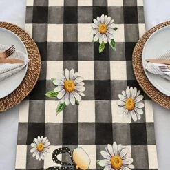 Spring Bee Gnome Table Runner, Honey Black White Buffalo Plaid Check Home Kitchen Dining Decor, Summer Seasonal Farmhouse Daisy Decorations Indoor Outdoor Anniversary Party Supply 13 X 72 Inch -Wilton Shop 51S06IC5jkL