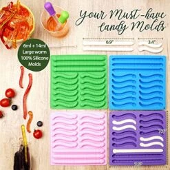 Gummy Worm Molds Silicone 6ML Large 4PCS 2 Size Candy Making Kit 60 Cavity Homemade Chocolate, No Stick BPA Free Jello Ice Tray, With 2 Droppers & Brush, Ideal Gift For Kids Adult Halloween Party -Wilton Shop 51SIP5z53oL