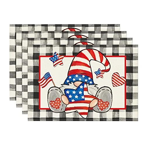 Black Buffalo Plaid Gnome American Flag Stars 4th Of July Placemats Set Of 4, 12x18 Inch Patriotic Memorial Day Table Mats For Party Kitchen Dining Decoration 3 Black Buffalo Plaid Gnome American Flag Stars 4th Of July Placemats Set Of 4, 12x18 Inch Patriotic Memorial Day Table Mats For Party Kitchen Dining Decoration