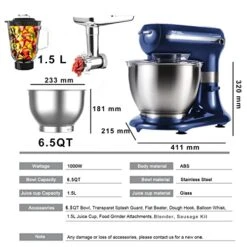 Ifeel Stand Mixer, 6 In 1 Multifunctional Electric Kitchen Mixer 800W 5 Speed With 1.5L Juice Cup,6.5 QT Bowl, Dough Hook, Whisk, Beater,Meat Grinder, Blender, Sausage Kit (blue) -Wilton Shop 51SK8Gv281L