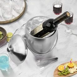 Hassol 2L Ice Bucket With Lid, Tongs, Scoop And Strainer, Premium For Parties, Cocktail Bar, Champagne, Wine, Chilling, Perfect For Bar Accessories For The Home Bar To Freezer, Stainless Steel Bucket -Wilton Shop 51SdfqSF5xL
