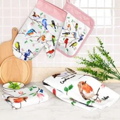 Birds Kitchen Dish Towels Pot Holder Oven Mitt With Loop Kit Spring Gifts For Bird Lovers Teacher Women Mom Birdies On Wire Cardinal Hummingbird For BBQ Grilling Microwave Cooking Baking