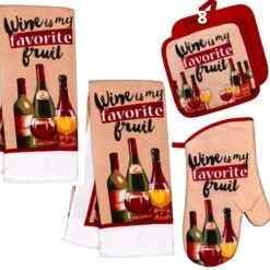 Kitchen Decor - Potholders (5 Pc) Wine Is My Favorite Fruit Home Decorations - Kitchen Towels - Oven Mitt - Kitchen Linen Set