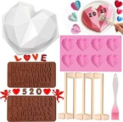Art Molds For Chocolate With Hammer, Large Breakable Heart Mold For Chocolate Geometric Heart Silicone Mold 8 Cavity Diamond Heart Shaped Silicone Mold For Valentines Day (Total 10pcs)