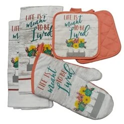 GENERIC Sentiment Life Is Meant To Be Lived Orange Print Decorative Kitchen Linen Set, 1 Oven Mitt, 2 Pot Holder Potholders Hot Pads, 2 Dish Towels