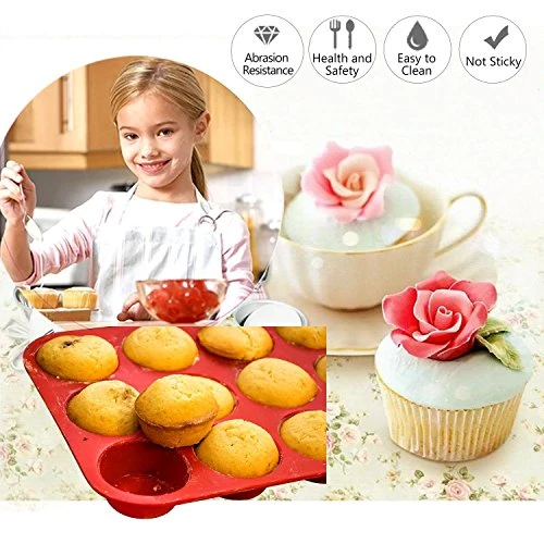 Silicone Muffin Pan 12 Cups, Amison Cupcake Baking Pan/Tray, Non-Stick Silicone Mold, Dishwasher - Microwave Safe (12 Cups, Red) 4 Silicone Muffin Pan 12 Cups, Amison Cupcake Baking Pan/Tray, Non-Stick Silicone Mold, Dishwasher - Microwave Safe (12 Cups, Red) - Image 2