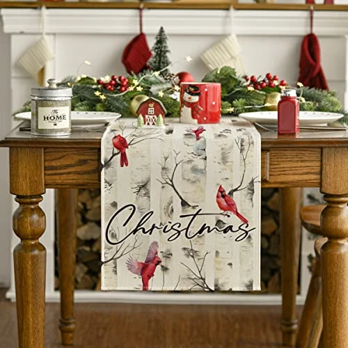 Cardinals Trees Christmas Table Runner, Seasonal Winter Kitchen Dining Table Decoration For Outdoor Home Party 13x72 Inch 4 Cardinals Trees Christmas Table Runner, Seasonal Winter Kitchen Dining Table Decoration For Outdoor Home Party 13x72 Inch - Image 2