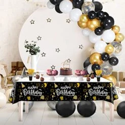 Happy Birthday Decorations, 1pcs Black And Gold Birthday Tablecloth For Men Women, Plastic Disposable Rectangle Table Cover For 90th 80th 70th 60th 50th 40th 30th Birthday Party Decor- 54" X 108" -Wilton Shop 51US2M8Z4zL