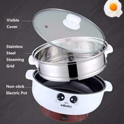 4-in-1 Multifunction Electric Skillet Non-Stick Stainless Steel Hot Pot Noodles Rice Cooker Soup Pot Portable Mini Heating Pan Cooking Fried (Diameter 26CM, 3.6L, Electric Skillet With Steam Grid) -Wilton Shop 51UZj6dGHtL