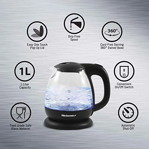 KT1001 Maxi-Matic 1L Glass Electric Tea Kettle Hot Water Heater Boiler BPA-Free With Blue LED Interior Fast Boil And Auto Shut-Off, Black 5 KT1001 Maxi-Matic 1L Glass Electric Tea Kettle Hot Water Heater Boiler BPA-Free With Blue LED Interior Fast Boil And Auto Shut-Off, Black - Image 3