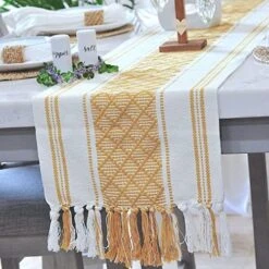 Dining Table Runner With Tassels 14 X 90 Inches, Blue & Cream | Woven Washable Console Table Runner/Dresser Scarf, Farmhouse Long Bohemian Table Top Decorations With Fringe For Holiday Party -Wilton Shop 51UipLg2PfL. AC